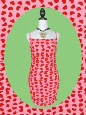 Dolls Kill Sugar Thrillz NWT Coquette Kawaii Pink Red Velvet Heart Mini Dress L